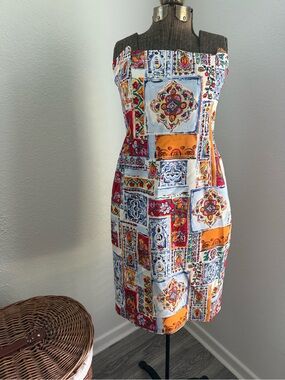 Women's Strapless Mediterranean Tile Print Dress in White & Orange